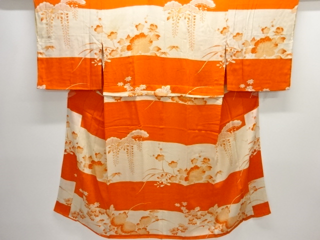 JAPANESE KIMONO / ANTIQUE JUBAN / SILK / KINSHA / STRIPE & FLOWER